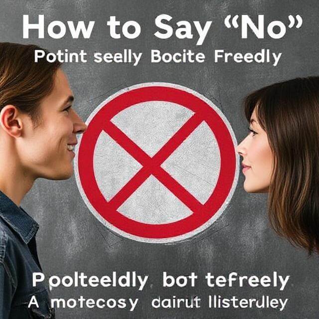 A man and woman facing each other with a large red “No” symbol between them, illustrating how to say no assertively and respectfully in conversations.
