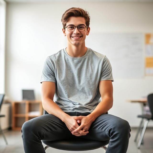 Student sitting with straight back, feet flat, and relaxed shoulders showing confident body language