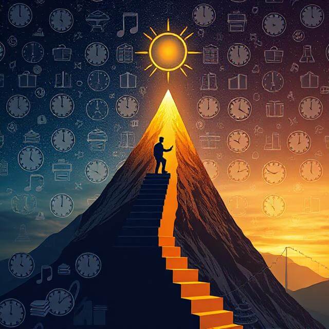 Illustration of a person steadily climbing stairs toward a mountain peak, surrounded by symbols of daily routines and success, representing the power of consistency.
