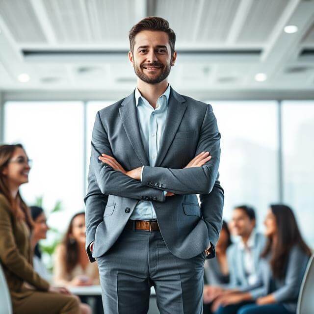Emotionally intelligent leader guiding a diverse team with empathy and communication skills in a modern office setting.