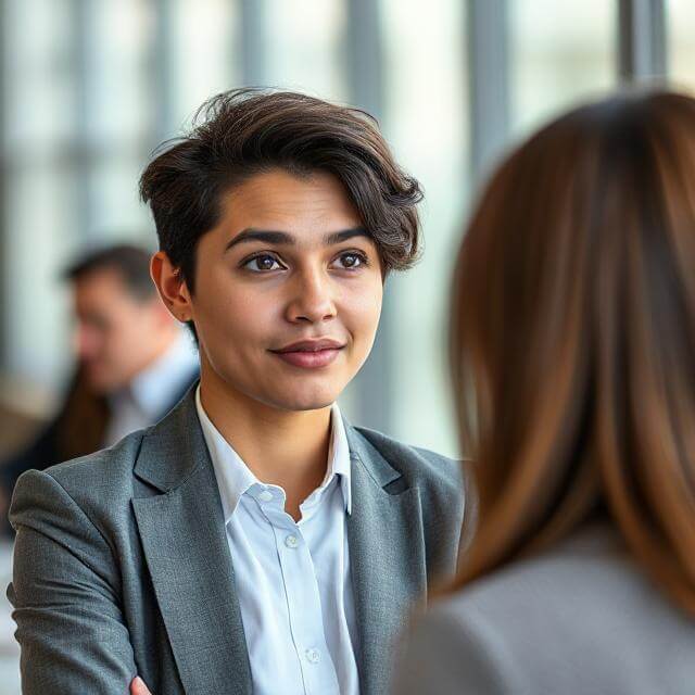 A person demonstrating proper eye contact in a conversation, showing confidence and respect through balanced and engaging nonverbal cues.