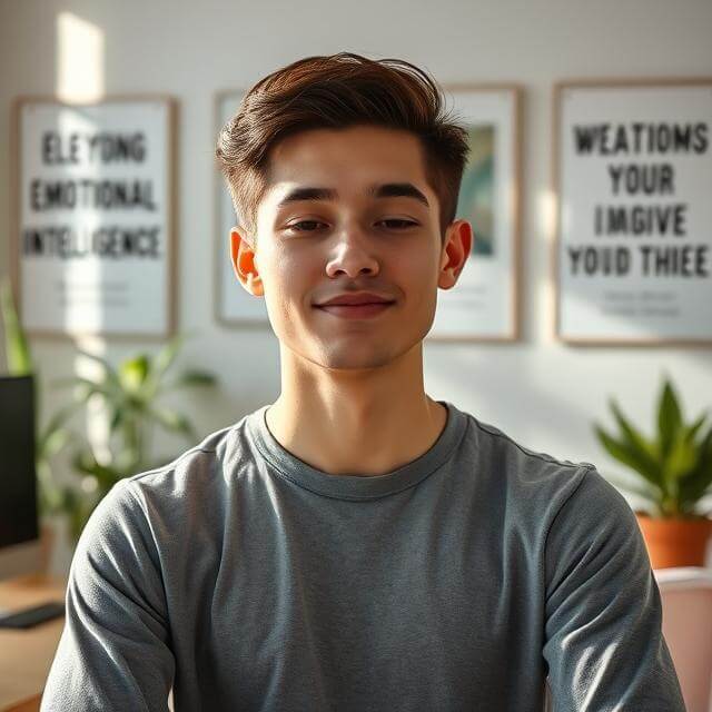A young person practicing mindfulness to develop emotional intelligence in a calm workspace