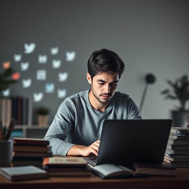 Person practicing deep work in a minimalist workspace, ignoring digital distractions like social media.