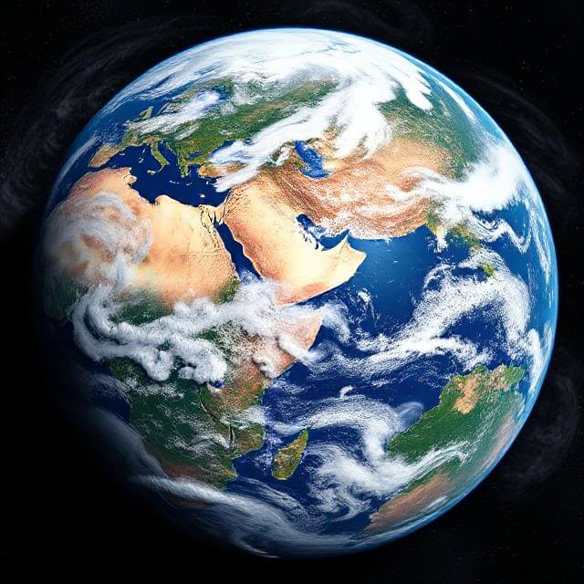 Illustration of Earth's dynamic systems including tectonic plates, weather patterns, volcanoes, oceans, and glaciers in motion