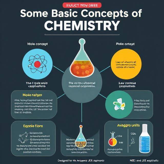 Infographic of Some Basic Concepts of Chemistry with atoms, molecules, Avogadro constant, and lab equipment for NEET JEE students