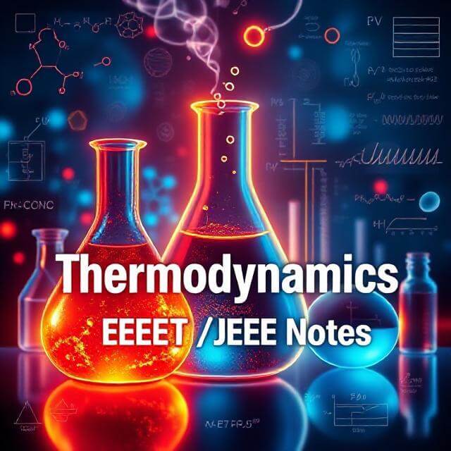 Thermodynamics NEET JEE Chemistry Notes cover image with heat diagrams, molecules, and bold chapter title in a science-themed design