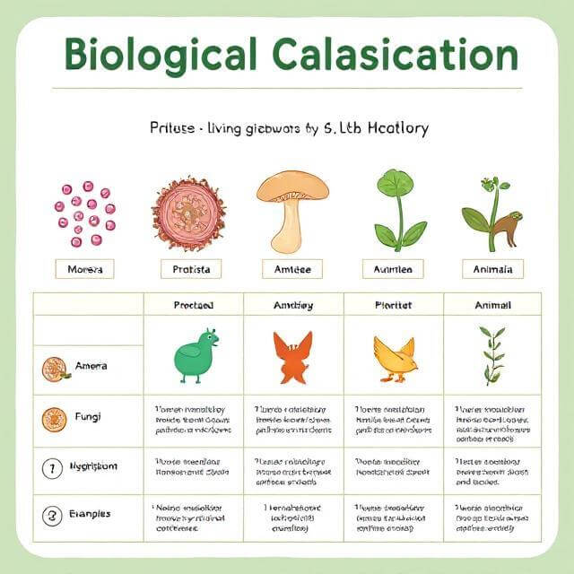 Infographic showing Five Kingdom Classification – Monera, Protista, Fungi, Plantae, Animalia – with key features and examples for NEET Biology.