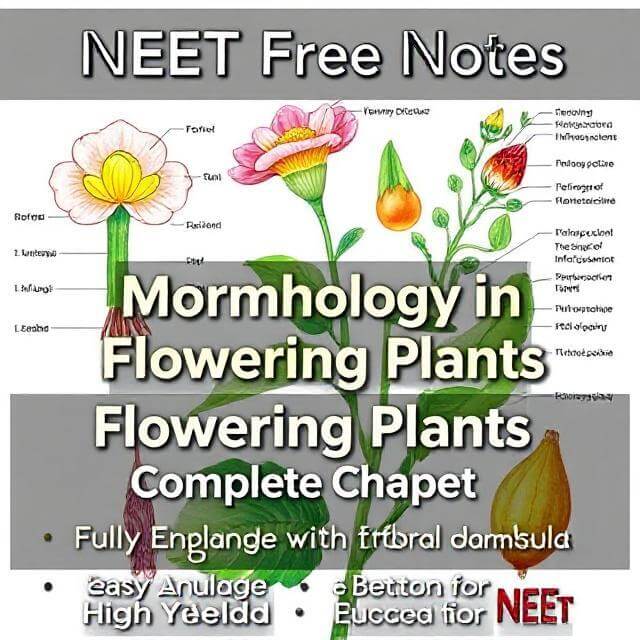 High-quality educational image of Morphology in Flowering Plants chapter with labeled diagrams of floral parts and NEET free notes promotional text