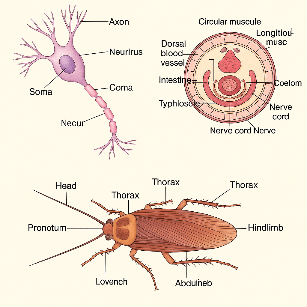 Labelled Diagrams of Earthworm, Cockroach, and Frog – Class 11 NEET Biology Three labelled biological diagrams of Earthworm, Cockroach, and Frog showing body parts, segmentation, internal organs, and adaptations – useful for NEET exam Class 11 Biology.