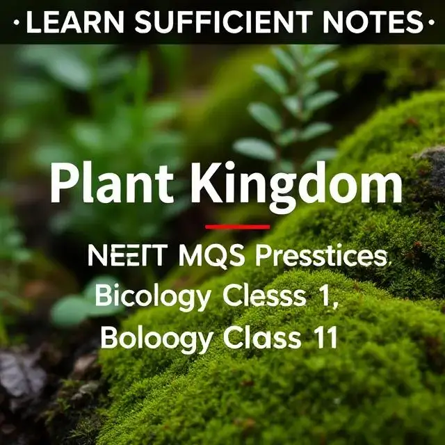 Illustration showing Class 11 Biology Chapter 3 – Plant Kingdom, including algae, bryophytes, pteridophytes, gymnosperms, angiosperms, and plant classification for NEET MCQs practice